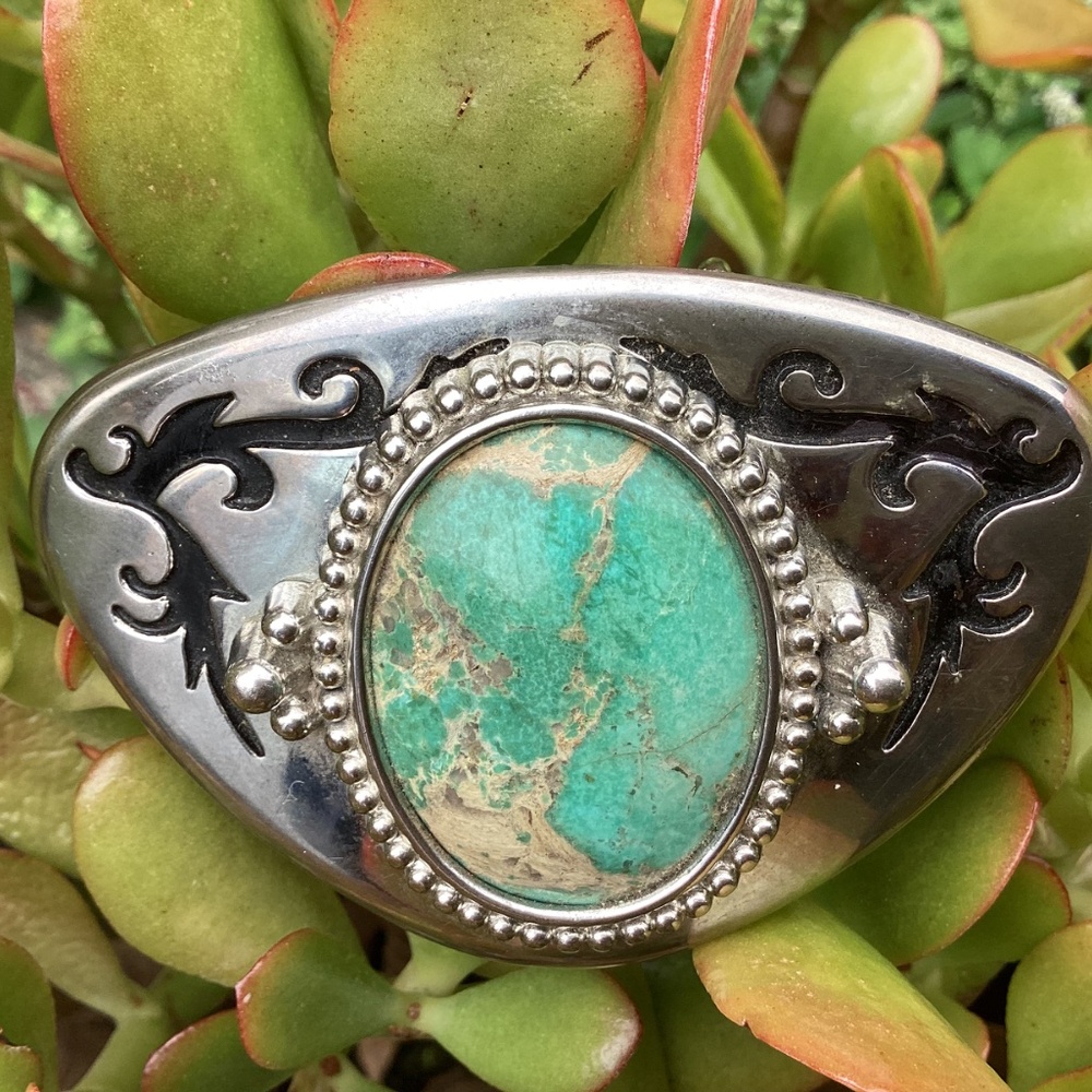 Vintage Unisex Western Boho Large Green Turquoise Stone Etched Metal Belt Buckle - Picture 9 of 13